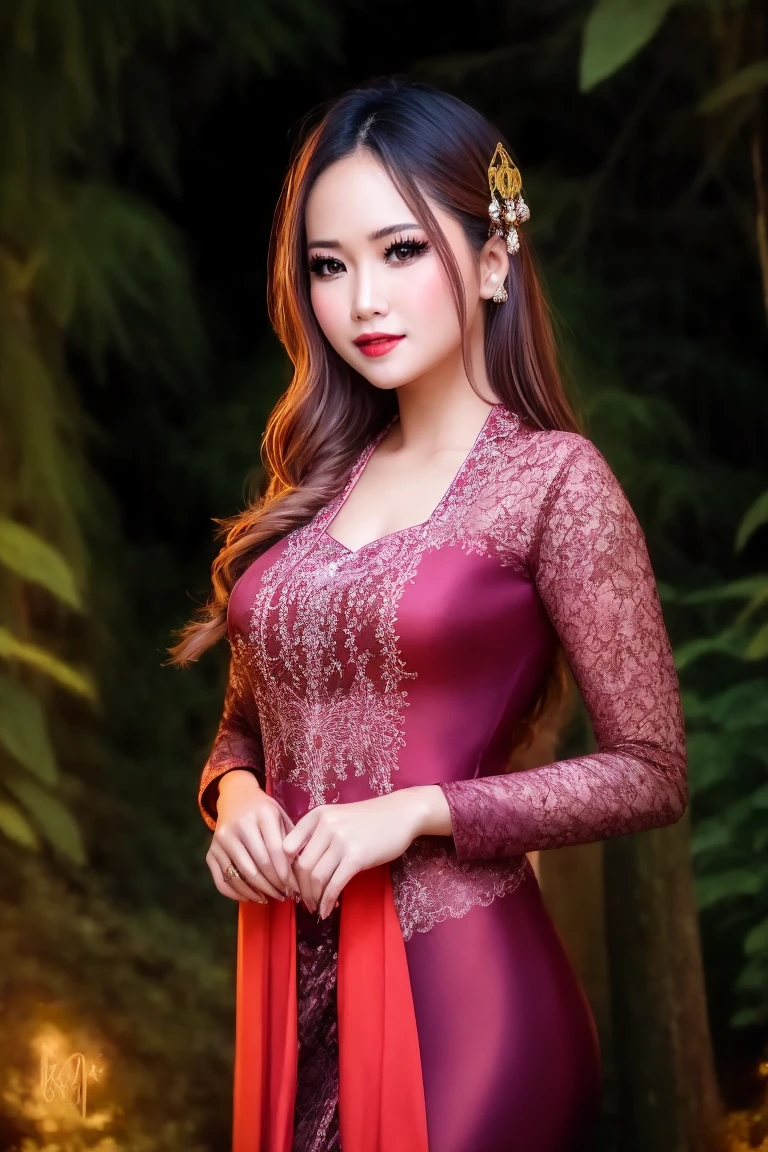 Create a photorealistic masterpiece of a beautiful woman with long hair wearing traditional Indonesian kebaya attire. Set her against a dark, forest backdrop with a captivating glow in the background and bokeh effect. Ensure the image quality is 8K with ultra-realistic details.,kebaya,kebaya indonesia