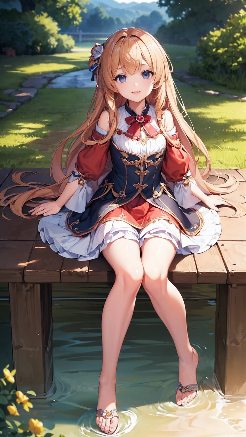 ((Attention to detail)),(Super detailed), Highly detailed CG Unity 8k wallpaper, beautiful girl, Highest quality, 8K, 11 years old、girl、Fluffy long hair、Summer outfit、Happy smile、Full Body Shot、sea