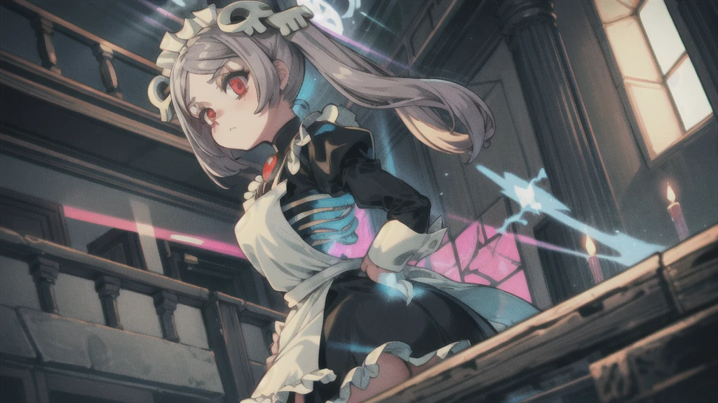 1girl, solo, indoors, skg_marie, maid, maid apron, maid headdress, twin tails, skull hair ornament, red brooch, juliet sleeves, light rays, glow, (masterpiece), thick thighs, standing, wide hips, thick ass