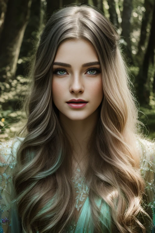 a beautiful sexual fairy, detailed ethereal face, long eyelashes, full lips, delicate skin, flowing hair, , iridescent colors, magical forest background, fantasy landscape, photorealistic, 8k, hyper detailed, cinematic lighting, dramatic shadows, vibrant colors, intricate details, full body