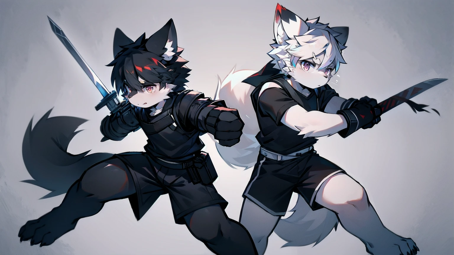 White Wolf，black hair，Red eyes，Wolf ears，Wolf Tail，juvenile，male，hairy，Hair，Half body armor，Combat uniform，Silver and black clothing，Handsome，Handsome，shorts，The forearm is exposed，leg，Fighting Stance，Duel，Two people，Anxious，Armed with a sword，Simple background，Swords