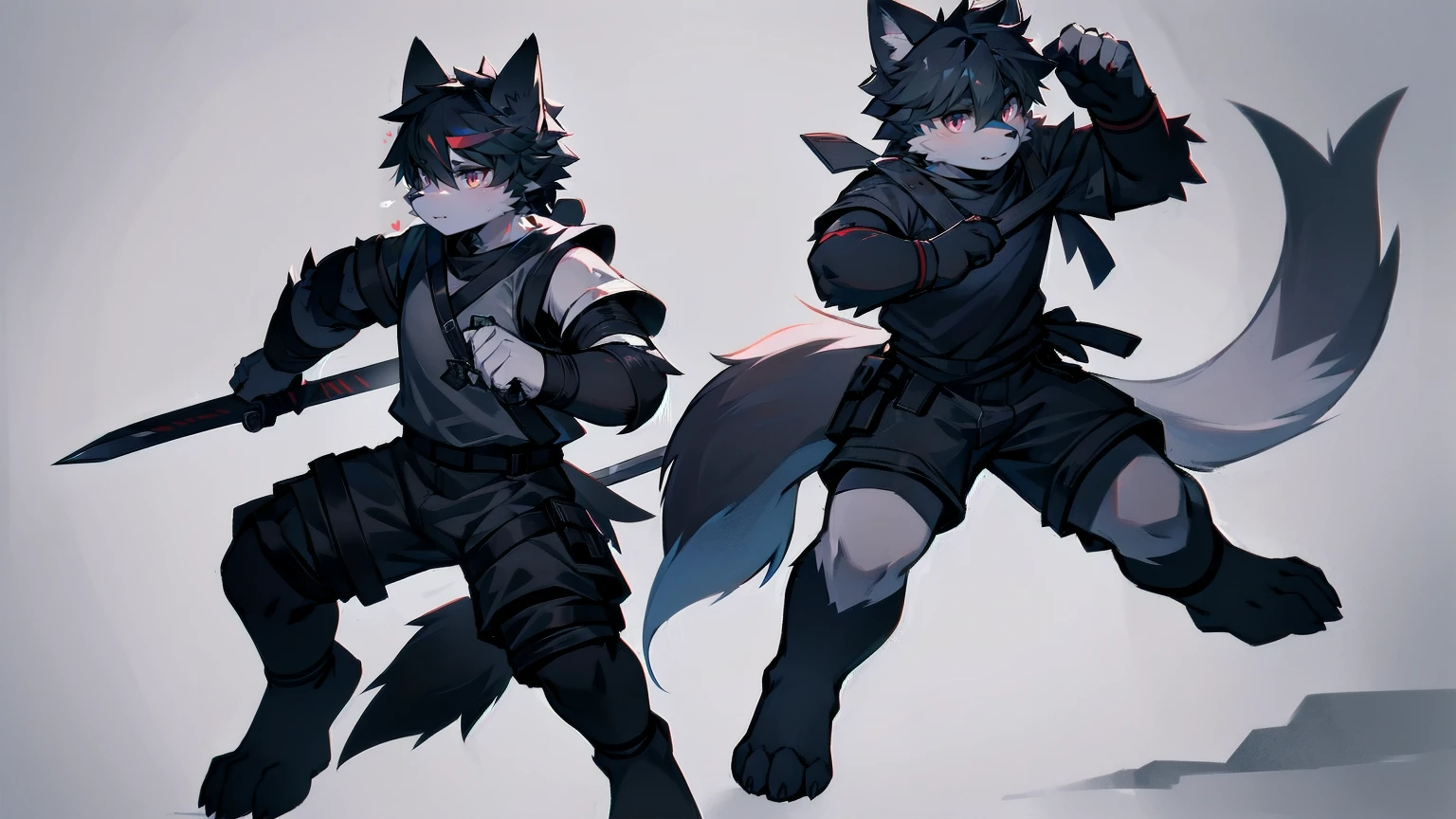 White Wolf，black hair，Red eyes，Wolf ears，Wolf Tail，juvenile，male，hairy，Hair，Half body armor，Combat uniform，Silver and black clothing，Handsome，Handsome，shorts，The forearm is exposed，leg，Fighting Stance，Duel，Two people，Anxious，Armed with a sword，Simple background，Swords