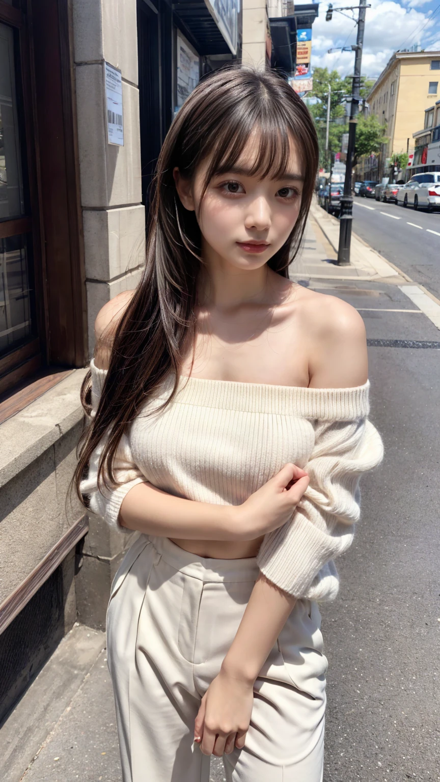 Short length、 ((White knitted loose off-shoulder top、Cropped trousers)),  Brown Skin、Huge breasts, expresses the roundness and softness of the chest area, (plumpy body, perfect body shape), Medium ponytail、Light brown hair,Messy bangs、Cheeky look、Redness on the cheeks、Raise the corners of the eyes、Triumphant thin eyebrows、Young Face、 ((Very detailed)), Perfectly detailed face, Great hands, Photorealistic images、((Full Body Shot、Shooting from the side))、street、Sexy pose