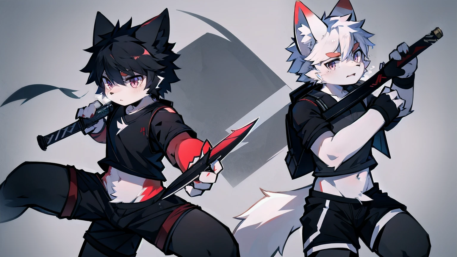 White Wolf,black hair,Red eyes,Wolf ears,Wolf Tail,juvenile,male,hairy,Hair,Half body armor,Combat uniform,Silver and black clothing,Handsome,Handsome,shorts,The forearm is exposed,leg,Fighting Stance,Duel,Two people,Anxious,Armed with a sword,Simple background,Swords