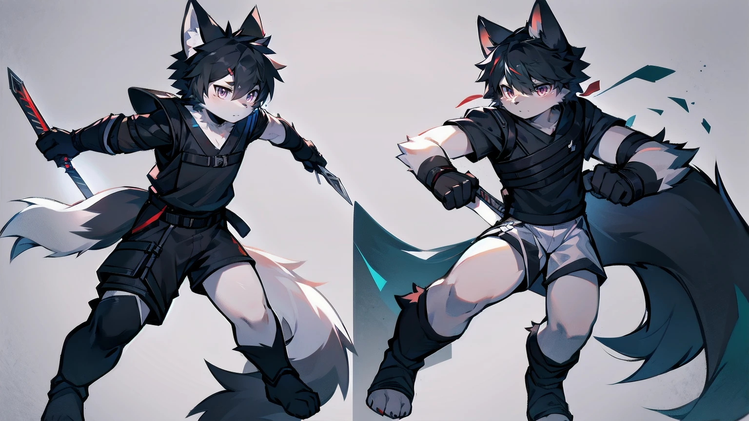 White Wolf,black hair,Red eyes,Wolf ears,Wolf Tail,juvenile,male,hairy,Hair,Half body armor,Combat uniform,Silver and black clothing,Handsome,Handsome,shorts,The forearm is exposed,leg,Fighting Stance,Duel,Two people,Anxious,Armed with a sword,Simple background,Swords