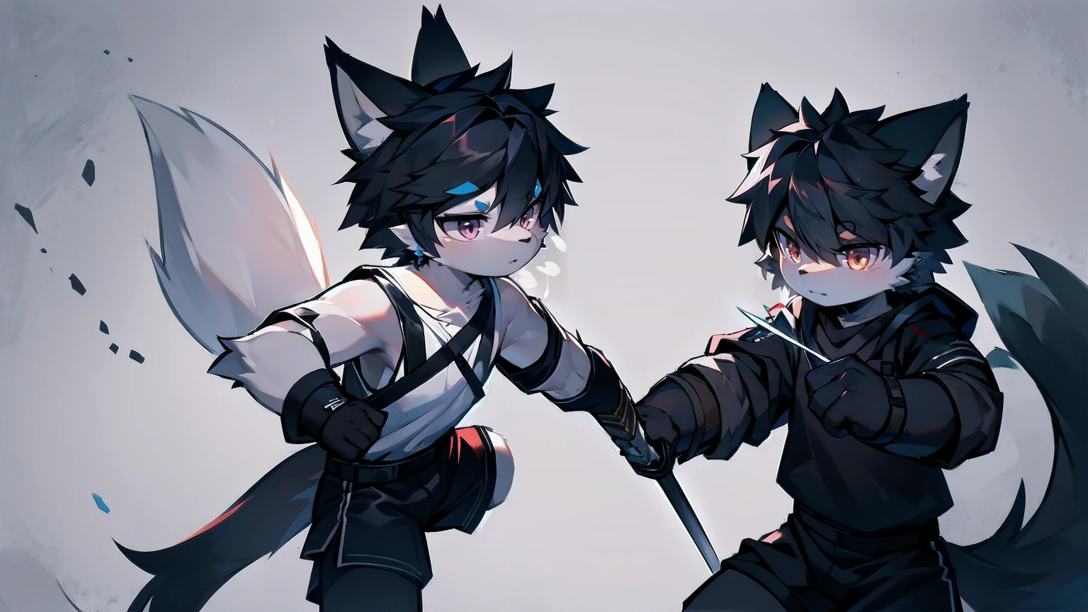White Wolf,black hair,Red eyes,Wolf ears,Wolf Tail,juvenile,male,hairy,Hair,Half body armor,Combat uniform,Silver and black clothing,Handsome,Handsome,shorts,The forearm is exposed,leg,Fighting Stance,Duel,Two people,Anxious,Armed with a sword,Simple background,Swords