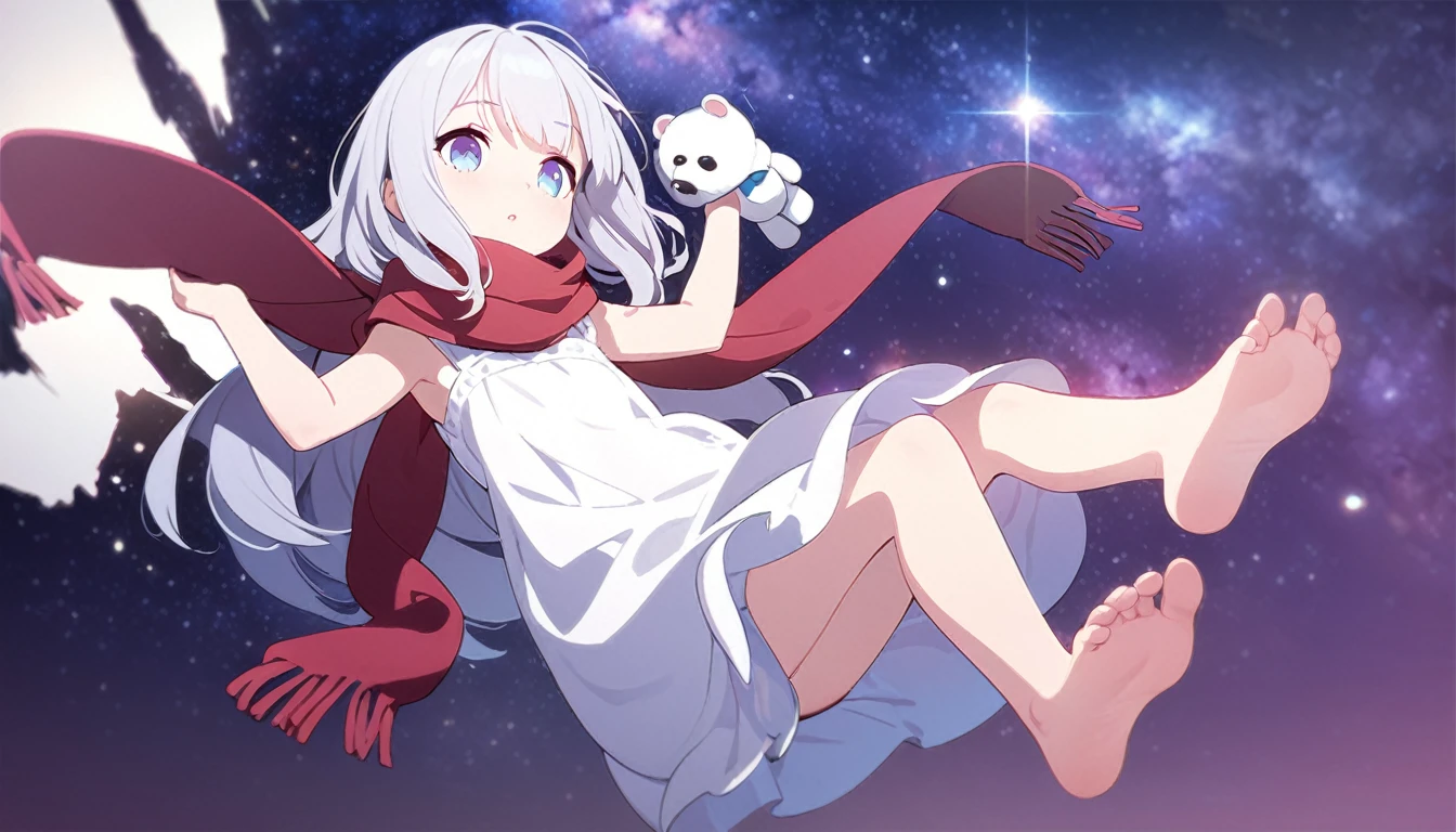 (((masterpiece))), (((best quality))),(((high detail))),light manipulation, girl with long silver hair, gradient purple to sky blue eyes, wearing a white dress, a red scarf, (((loli))), (((child))) , galaxy background, holding a teddy bear, feet, no footwear
