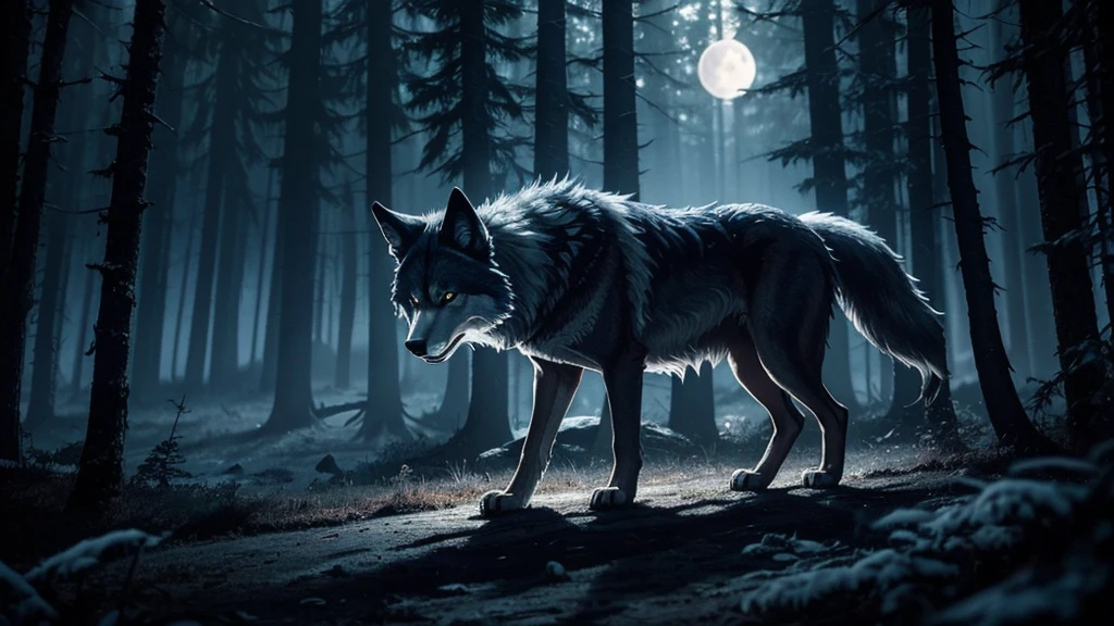 An elusive wolf wandering through a nocturnal forest, its howl echoing like a whisper in the wind, bathed in mysterious moonlight, representing the enigmatic Whispering Wolf.”