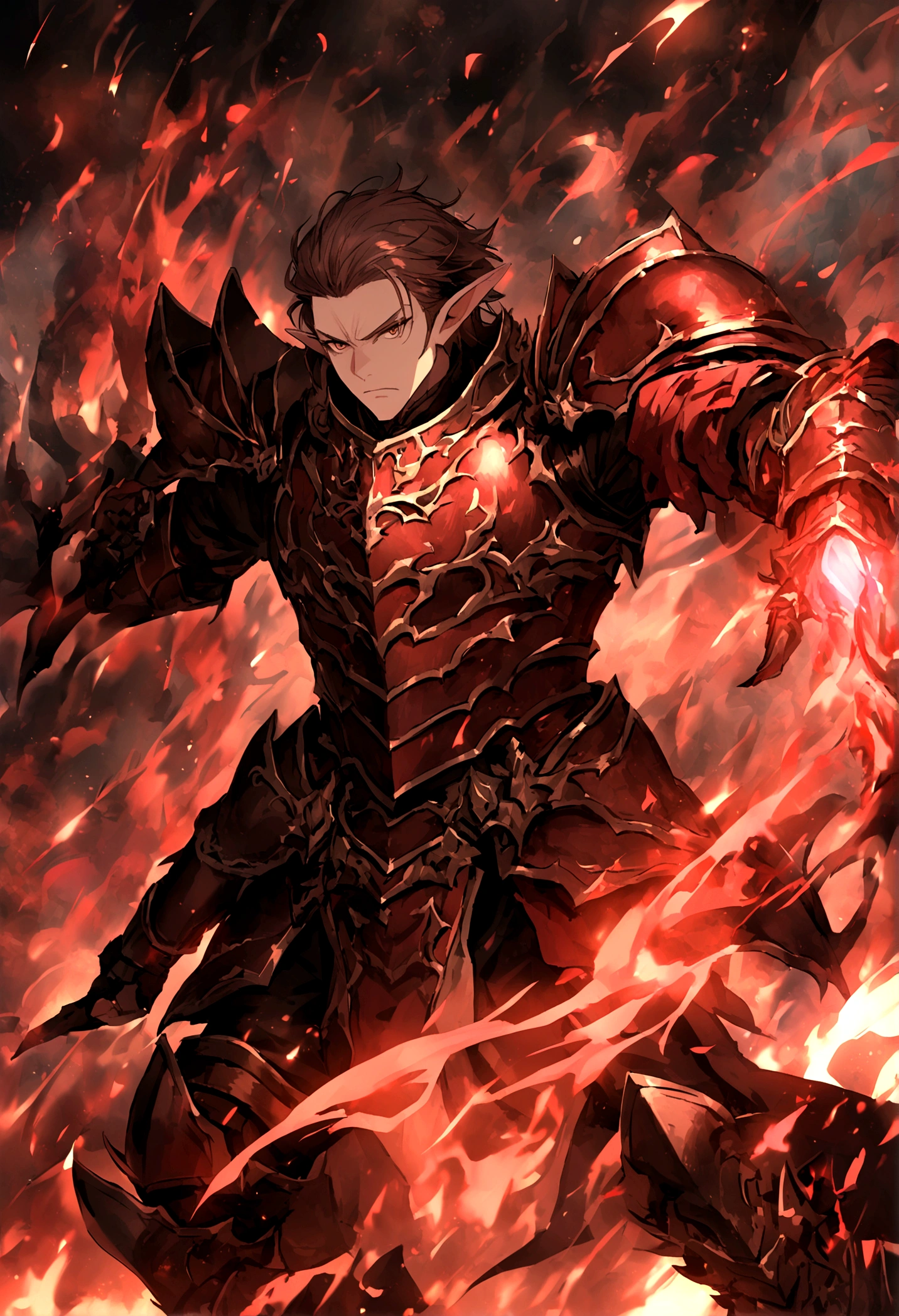  noble knight，Dignified，Royal Knights，armour，opulent，ultra - detailed，realisticlying, elf male, menacing red aura, long brown hair