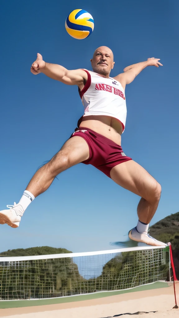 A 63-year-old Japanese man playing beach volleyball, Bald man doing a jump spike, highres, Realstick, 8K