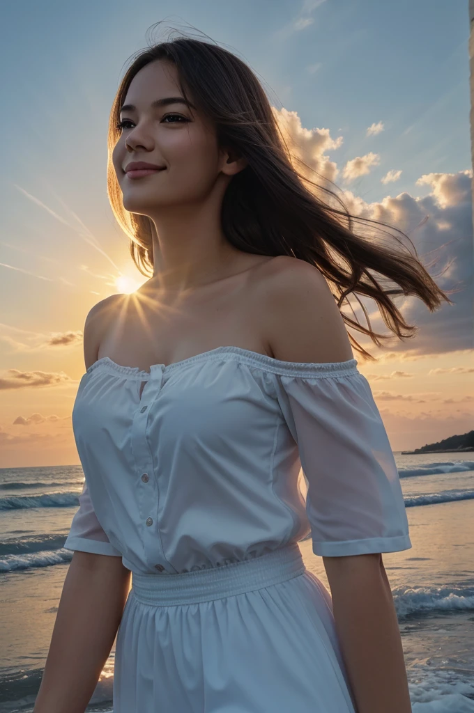 masterpiece, best quality, stills, Cloud floating in the sky, potrait bright, happy, Warm and soft lighting, Sunset, (spark:0.7)
