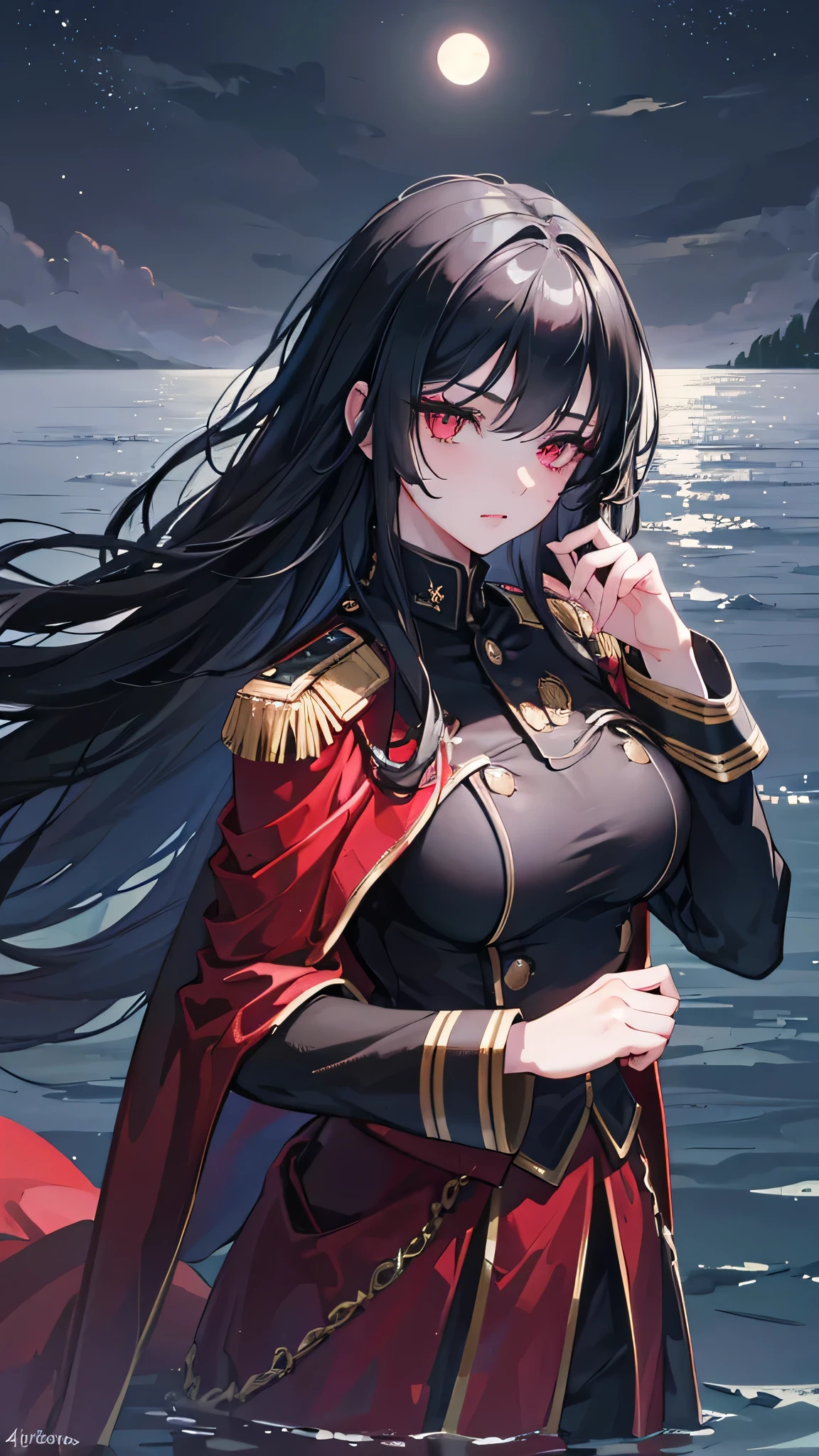 a beautiful young girl in a black military uniform, black long hair, red eyes, standing under a full moon with the moonlight casting shadows on her face, reflected in the calm waters of a lake, with ethereal, fantastical atmosphere, (best quality,4k,8k,highres,masterpiece:1.2),ultra-detailed,(realistic,photorealistic,photo-realistic:1.37),highly detailed face, eyes, lips, long eyelashes, dramatic lighting, dramatic shadows, beautiful detailed eyes, beautiful detailed lips, extremely detailed eyes and face, long eyelashes, military uniform, black hair, red eyes, full moon, moonlight, lake, water reflection, light particles, fantasy, dramatic, cinematic