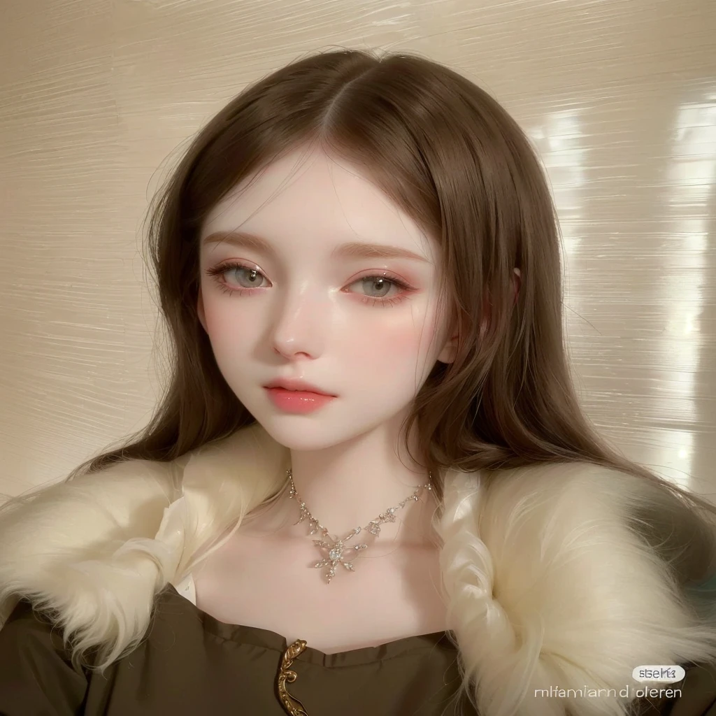 a closeup of a woman with a fur collar, pale porcelain white skin, pale skin de porcelana, pale skin y clara!!, pale skin y brillante, Kawaii realistic portrait, pale ivory skin, 🤤 girl portrait, pale skin, smooth and impeccable, pale skin y blanca como la nieve, pale skin marfil, pale milky white porcelain skin, chica persa de pale skin, pale round face, pale skin y clara