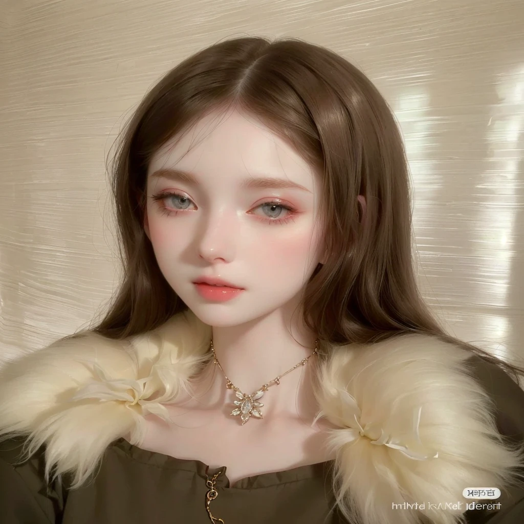 a closeup of a woman with a fur collar, pale porcelain white skin, pale skin de porcelana, pale skin y clara!!, pale skin y brillante, Kawaii realistic portrait, pale ivory skin, 🤤 girl portrait, pale skin, smooth and impeccable, pale skin y blanca como la nieve, pale skin marfil, pale milky white porcelain skin, chica persa de pale skin, pale round face, pale skin y clara
