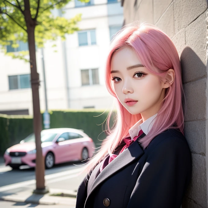 One person girl,View Lens,Pink Hair,Wear ,masterpiece,high quality,8K,最high quality,Realistically,Vivid details,One huge breasted girl,Adorable,Beautiful face with lots of detail,One Man,View your viewers,The street faces the wall,Standing on the street,uniform,Perfect detail。