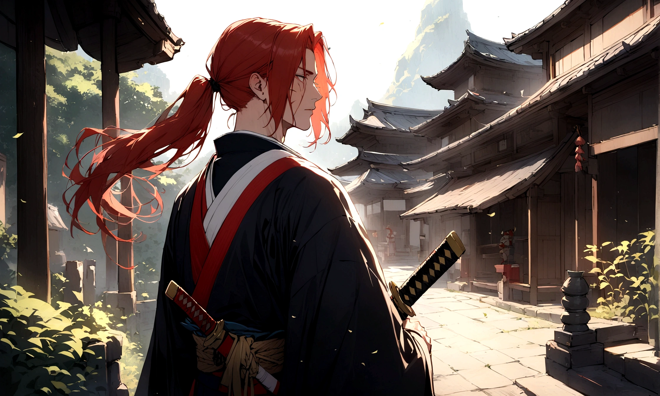 Samurai X Quilonman, alone, Long Hair, One boy, ponytail, Male Focus, Redhead, kimono, kimono, scar, knife, sheath, scar on face, warrior,