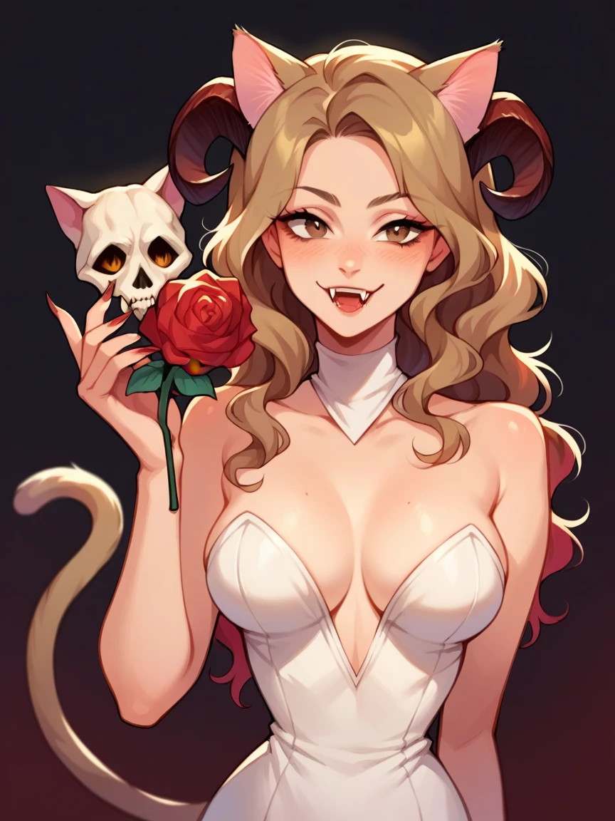  whole body, A pretty woman, long black wavy hair, Brown eyes, sexy clothes, cat ears and tail, fangs, horns, sexy, holding a skull, and filled the place with red roses