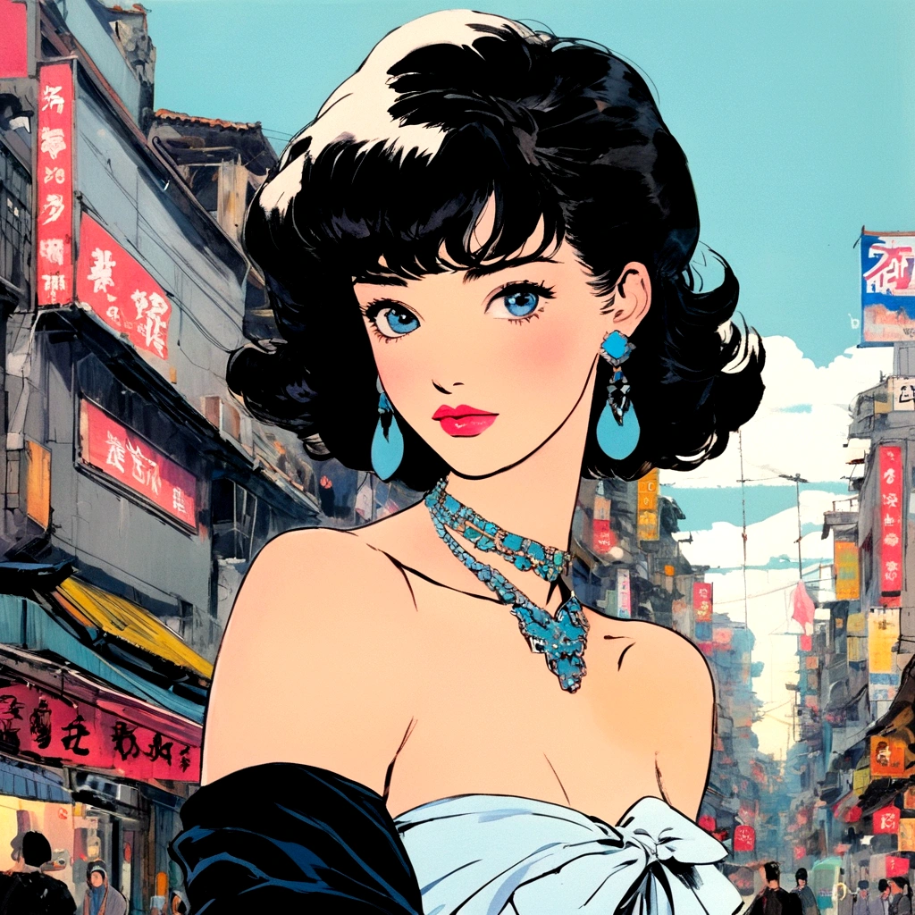 A retro girl（Cute:1.3 points）,（Eighties:1.4 points）,（Retro Hong Kong style:1.3 points），Showa manga，1990s animation style，Vintage jewelry，Black short hair，earrings，necklace，Blue Eyes，Bow，Bust，clavicle，Pink lips，Off-shoulder tops，黑色necklace，Bangs，Simple background，（Gray tone：1.2）