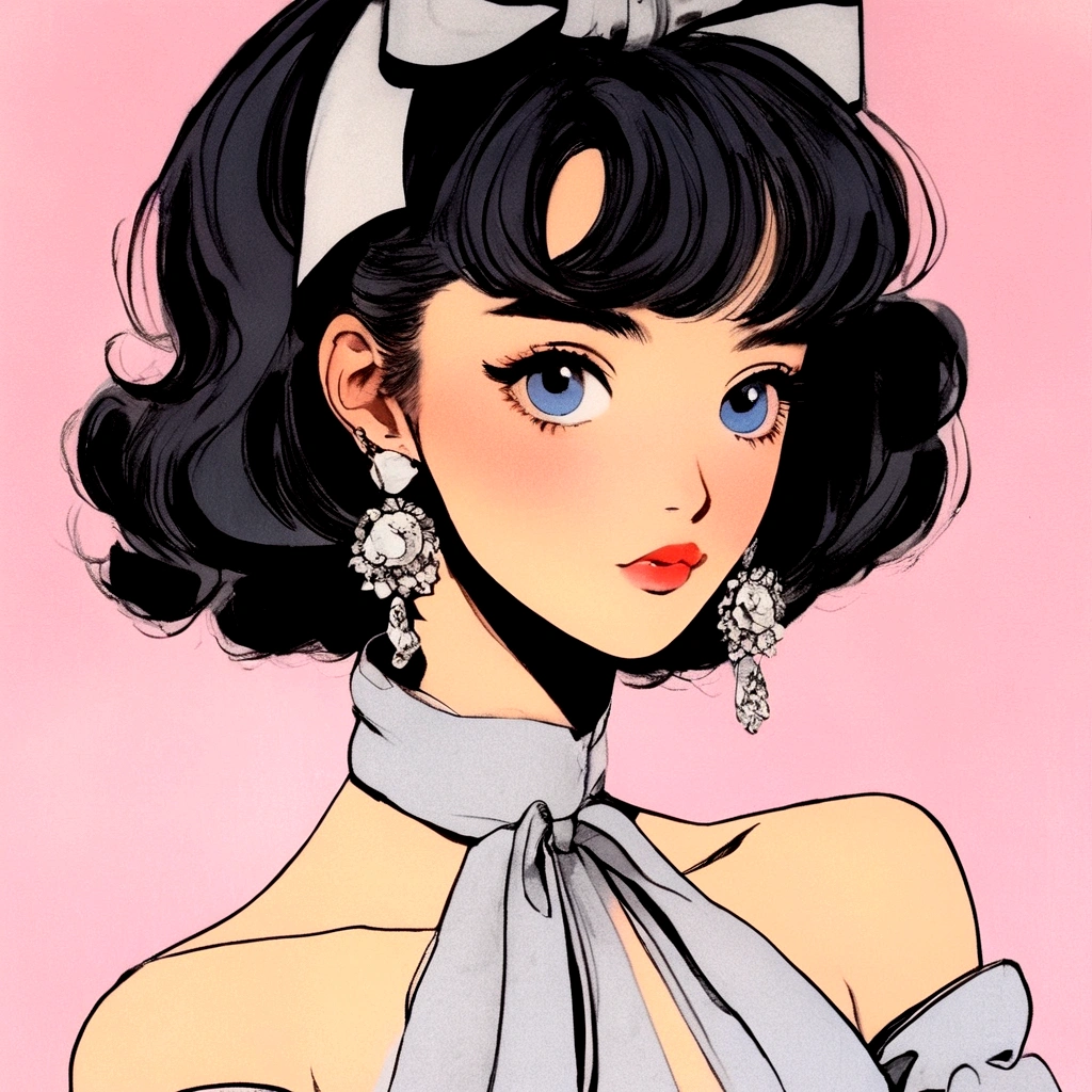 A retro girl(Cute:1.3 points),(Eighties:1.4 points),(Retro Hong Kong style:1.3 points),Showa manga,1990s animation style,Vintage jewelry,Black short hair,earrings,necklace,Blue Eyes,Bow,Bust,clavicle,Pink lips,Off-shoulder tops,黑色necklace,Bangs,Simple background,(Gray tone:1.2)