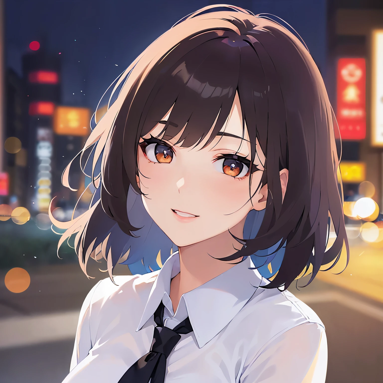 (A 25-year-old woman with bob hair and bangs:1.5)、lookin at viewer,upper Body,Side shot、 Realistic, real person, (pale skin: 1.2), RAW photo, photorealistic, shiny skin, shiny hair、and (wavy hair:1.5) and (brown hair) and (Orange Eyes)、 (business suit)and (Wearing a white collared shirt)、 blush,smile,The background is the city at night、Night Sky