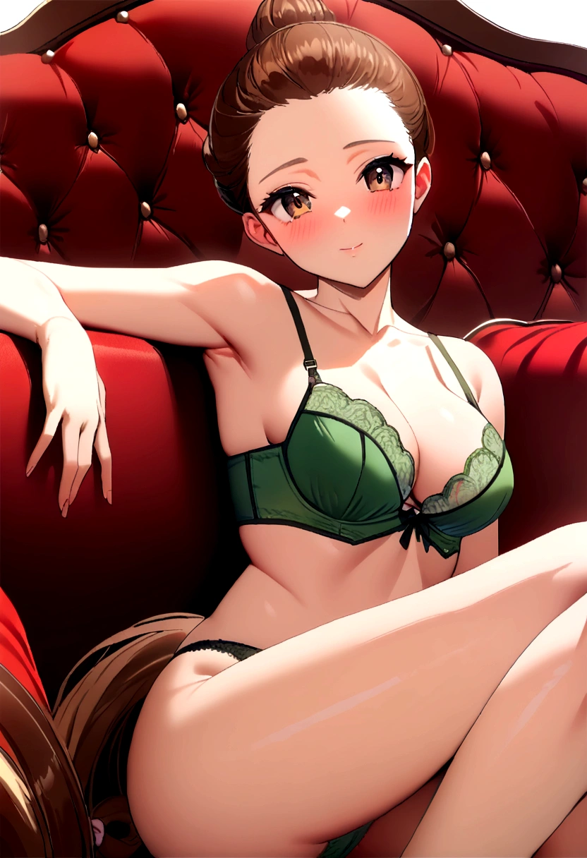 (((Horse Girl))), (((Fine Motion))), sitting on a luxurious red sofa, High resolution, (((She has brown hair tied back.))), (((Beautiful Face))), (((Green adult sexy bra and panties))), 