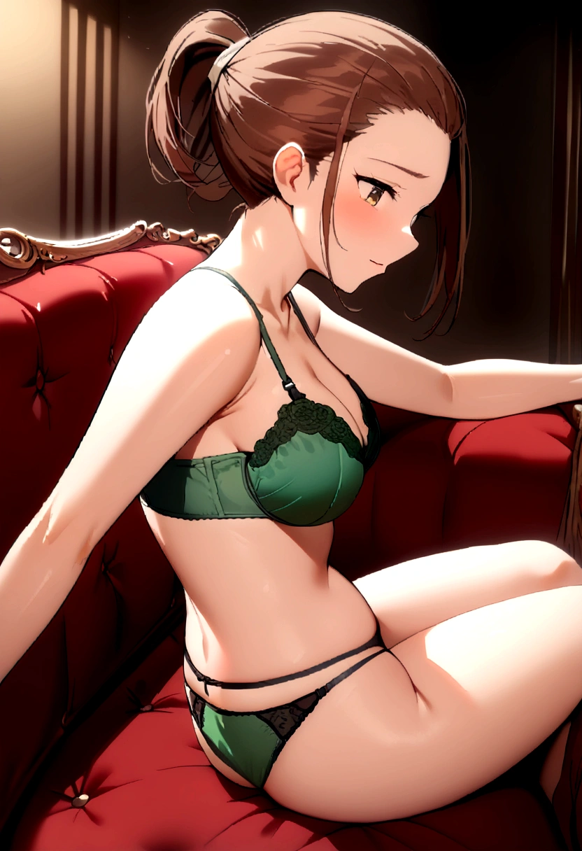 (((Horse Girl))), (((Fine Motion))), sitting on a luxurious red sofa, High resolution, (((She has brown hair tied back.))), (((Beautiful Face))), (((Green adult sexy bra and panties))),