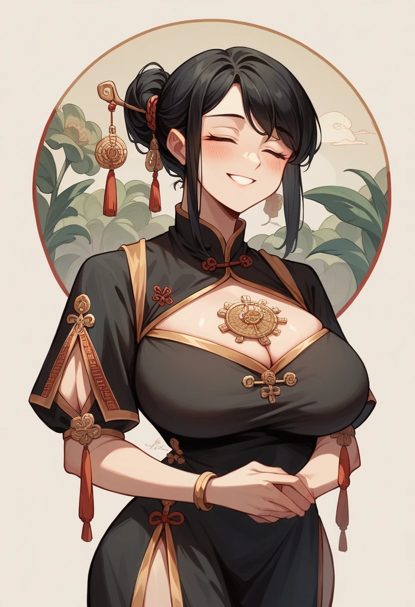 NSFW,1girl,Fantasy,Ancient Chinese Scriveners,Eyes closed,Black Hair,Long Straight Hair,Big Breasts,blush,smile,Full Art,whole body,Black Chinese dress with gold embroidery,Scrivener&#39;s Hat,Possess an open scroll,Books Flying in the Air,Kanji characters appearing from books,Ancient Chinese Courts,micro pantie,pussy juice,Elevate your legs