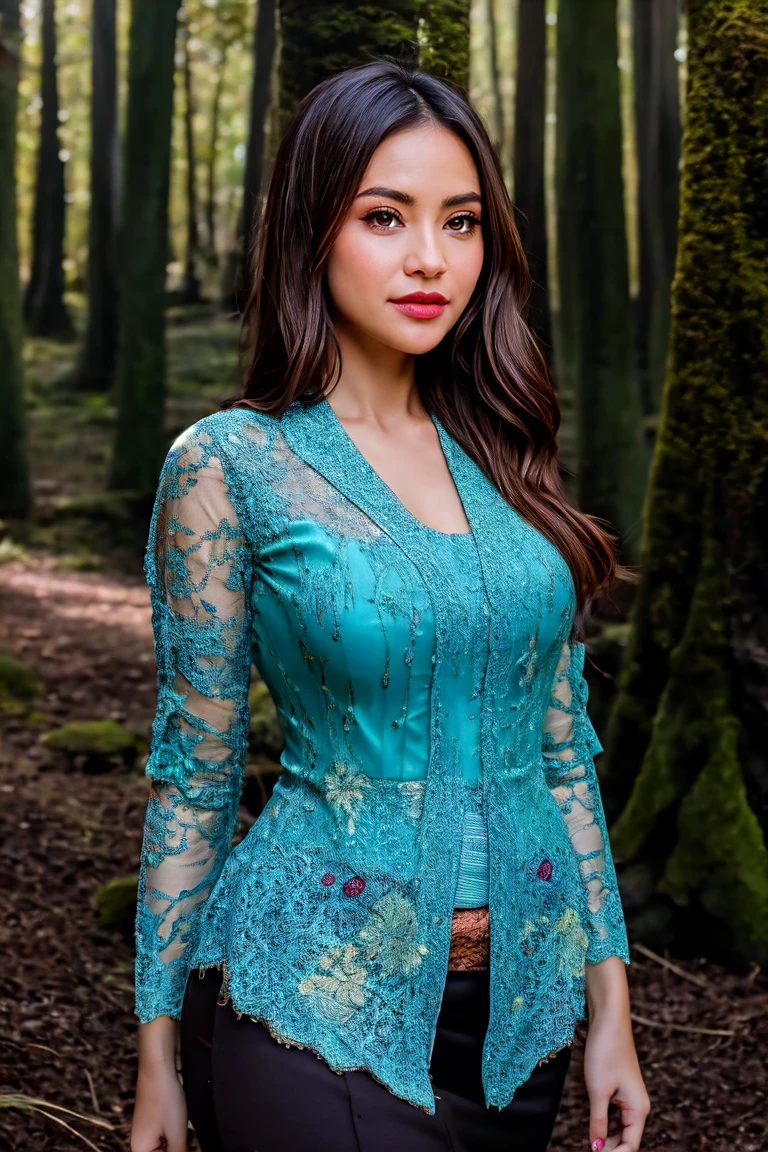 Create a photorealistic masterpiece of a beautiful woman with long hair wearing traditional Indonesian kebaya attire. Set her against a dark, forest backdrop with a captivating glow in the background and bokeh effect. Ensure the image quality is 8K with ultra-realistic details.,kebaya,kebaya indonesia