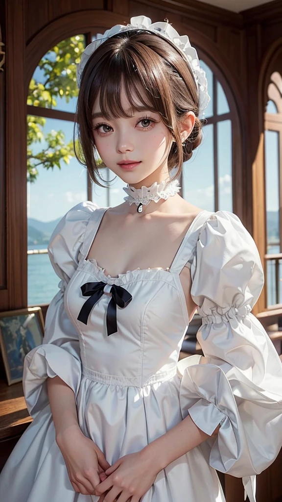 Beautiful white and shining skin、Chestnut hair that changes depending on the light、Long bangs between the eyes that obstruct the view、Cheek gloss highlights、Sexy and very beautiful nice gorgeous face、the most beautiful face in the world、short bob、Smooth straight hair、medium breasts、beautiful breasts、cleavage、Big and bright eyes、beautiful bangs、Beautiful and beautiful woman、small face beauty、natural smile、headdress、white blouse、black ribbon、puff sleeves、collar、choker、white apron with fine frills、black maid costume、Upper body、