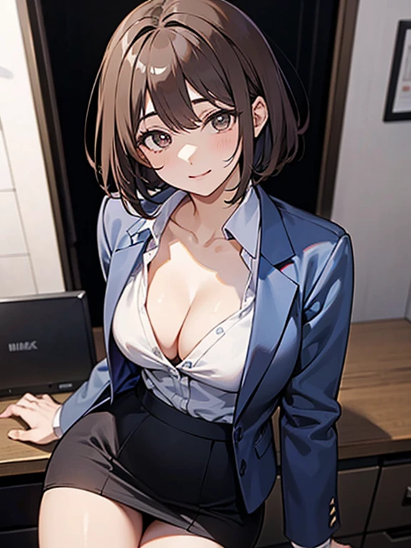 (Highest quality, 8K, 32k, masterpiece, Ultra-high resolution: 1.2), 1 Girl, Beautiful Japanese Woman, thinウエスト, Gray suit, Open jacket, 魅力的なoffice Lady, suit, Tight Skirt, office, office, machine, Beautiful Face, Brown Hair, Bob Hair, Saggy eyes, Slender figure,Cleavage, thin, whole body, Detailed expression down to the fingertips,Sexy thighs, One Woman, alone, A charming smile,Angle from below,Low - Angle