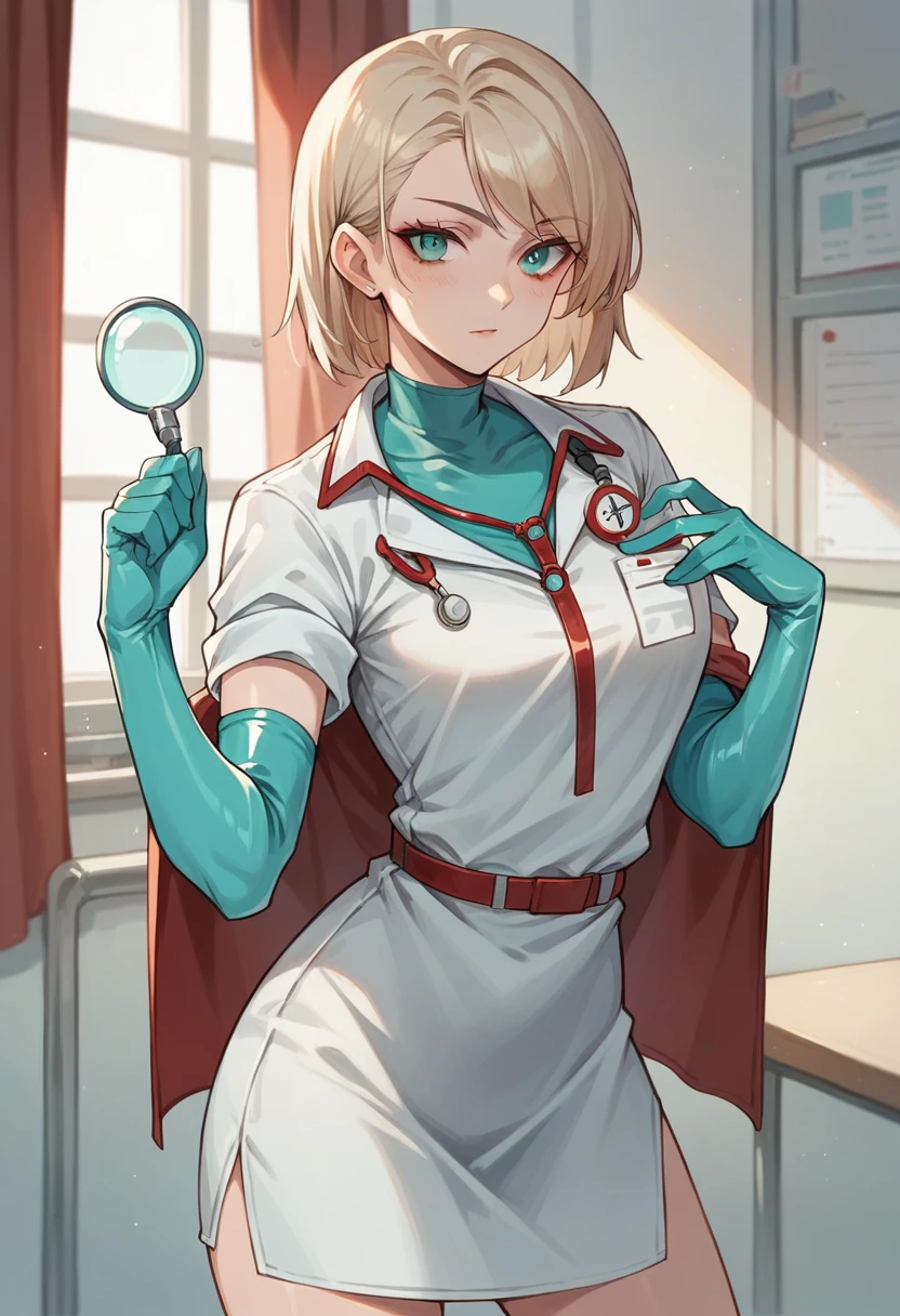 1girl, light hair, ((cyan elbow gloves)), ((surgical gloves)), ((latex gloves)), ((long sleeves)) ((red surgeon outfit)), looking at viewer, ((red doctor outfit)), standing, solo