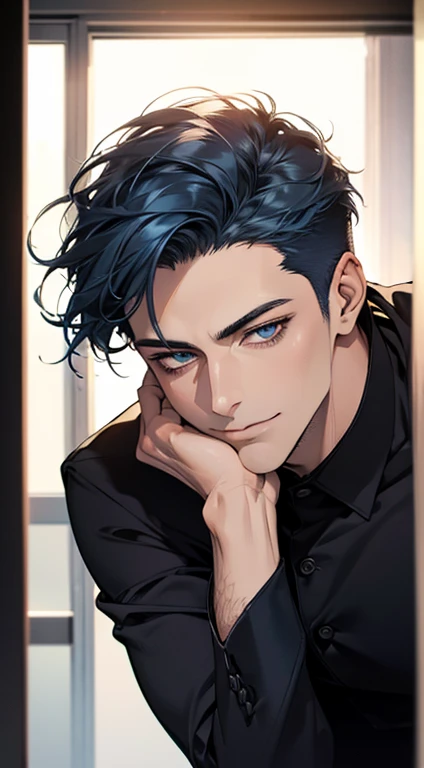 (best quality,4k,8k,highres,masterpiece:1.2),ultra-detailed,(realistic,photorealistic,photo-realistic:1.37),1 man,31 years old,mature man,very handsome,without expression,smile,short blue hair,blue eyes,penetrating gaze,perfect face without errors,imposing posture,businessman,office background,cinematic lighting,hdr image