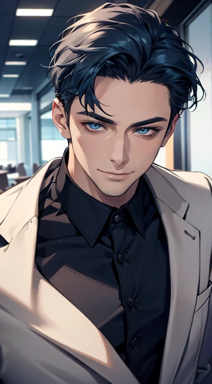 (best quality,4k,8k,highres,masterpiece:1.2),ultra-detailed,(realistic,photorealistic,photo-realistic:1.37),1 man,31 years old,mature man,very handsome,without expression,smile,short blue hair,blue eyes,penetrating gaze,perfect face without errors,imposing posture,businessman,office background,cinematic lighting,hdr image