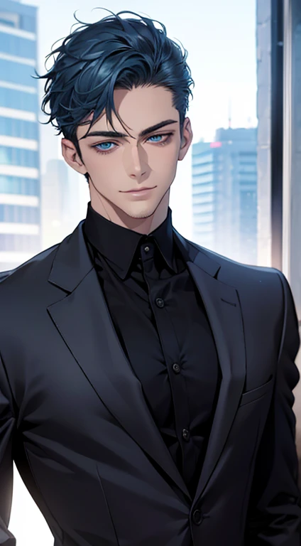 (best quality,4k,8k,highres,masterpiece:1.2),ultra-detailed,(realistic,photorealistic,photo-realistic:1.37),1 man,31 years old,mature man,very handsome,without expression,smile,short blue hair,blue eyes,penetrating gaze,perfect face without errors,imposing posture,businessman,office background,cinematic lighting,hdr image
