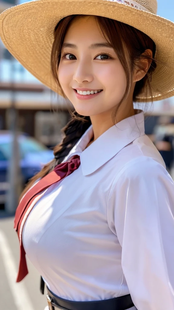 ((最high quality, 8K, masterpiece: 1.3)), (close:0.75), Realistic, Sharp focus, high quality, High resolution, Japanese middle-aged mature woman,Huge Busty Woman、26-year-old middle-aged woman、Chubby body type、Mature woman with huge breasts (Wearing JAL flight attendant uniform)、Cosplayers、 ((Very strong sunlight)), smile,Brown hair Sonyoung,かわいいsmile、Office district under the scorching sun、Cowboy Shot、In an image that emphasizes the chest area
