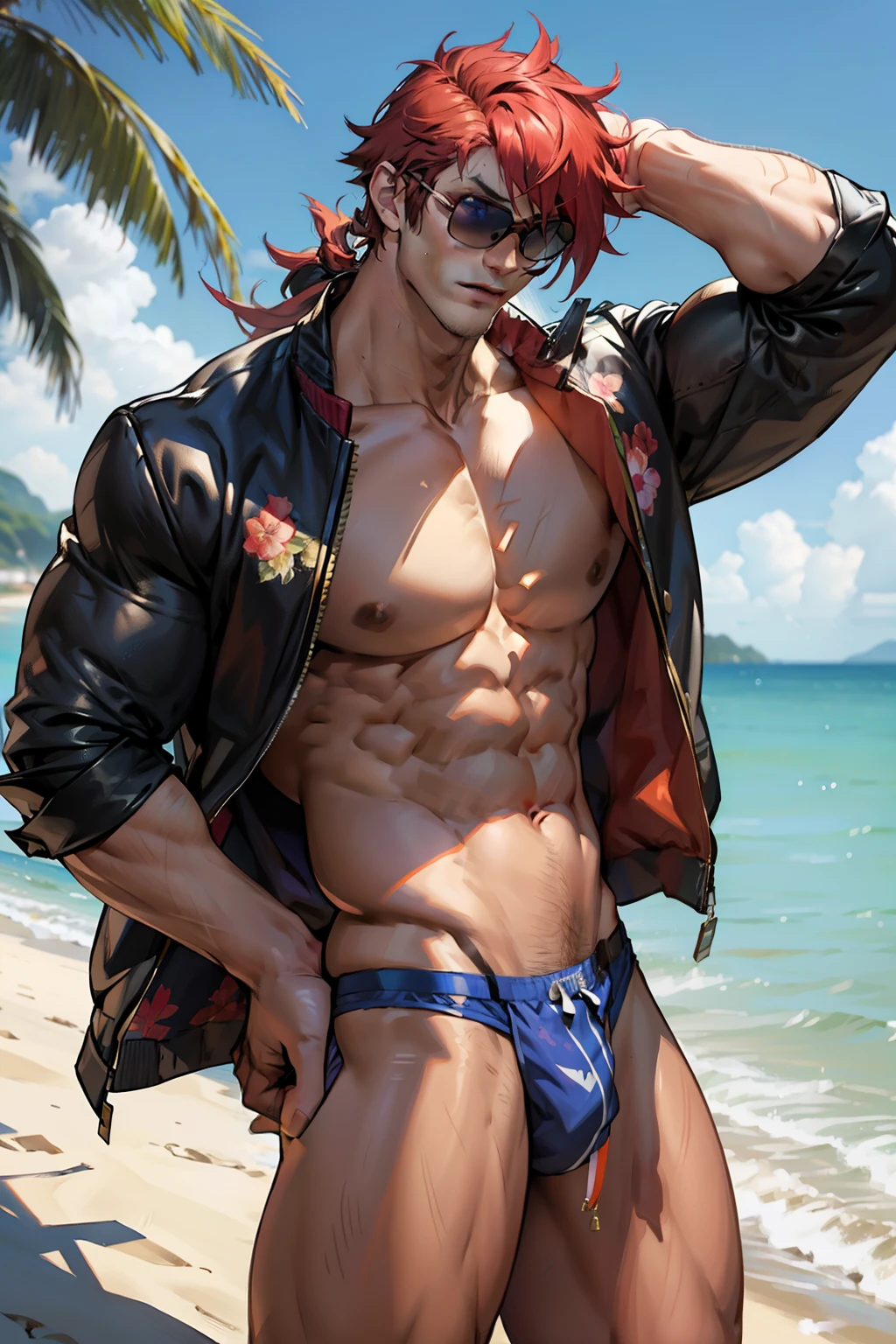 (เด็กชาย 1 คน,เป็นผู้ชาย),หนุ่มอนิเมะกล้ามโตในยิม, facial expression like masturbation, 1boy, bikini, Tight muscles, Broad shoulders, Handsome and old, Tiny underwear, Sexy, sex, Guy, Gay, Sea, jacket, sunglasses, boy, floral bikini, Apple hair, tight leg muscles, big Cook, Muscular anime guy, big cook,