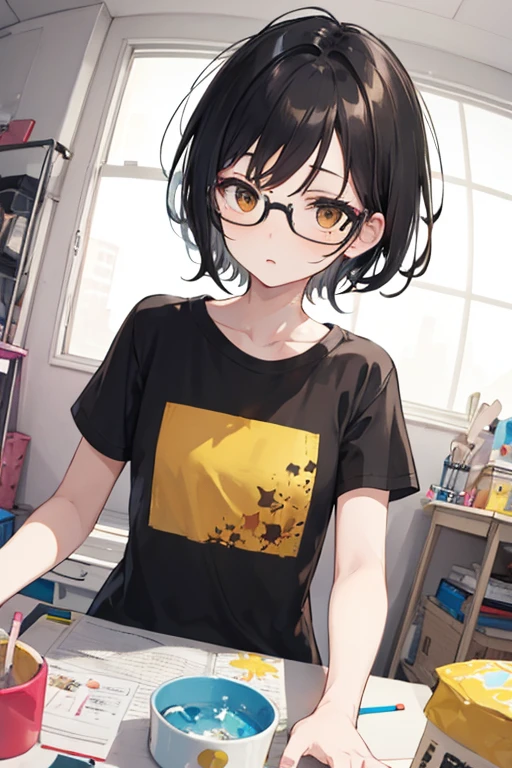 Girl, wearing glasses, short black hair, brown eyes, tomboy, wearing yellow and pattern t shirt, looking at camera, dull face. Lazy in a messy room. Fish eye view. 