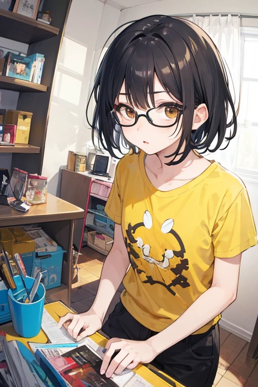 Girl, wearing glasses, short black hair, brown eyes, tomboy, wearing yellow and pattern t shirt, looking at camera, dull face. Lazy in a messy room. Fish eye view. 