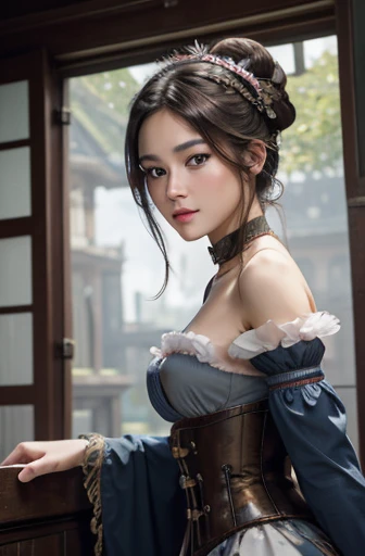 tmasterpiece，high resolution, a dynamic photorealistic picture of a beautiful and delicate aristocratic Asian maiden，the dark brown hair in a sophisticated bun, gorgeous gray-blue eyes giving an appraising look, a mysterious look, a gentle smile, pale skin, bare arms, steampunk, low-cut blouse, pale pink ribbons, Victorian clothing