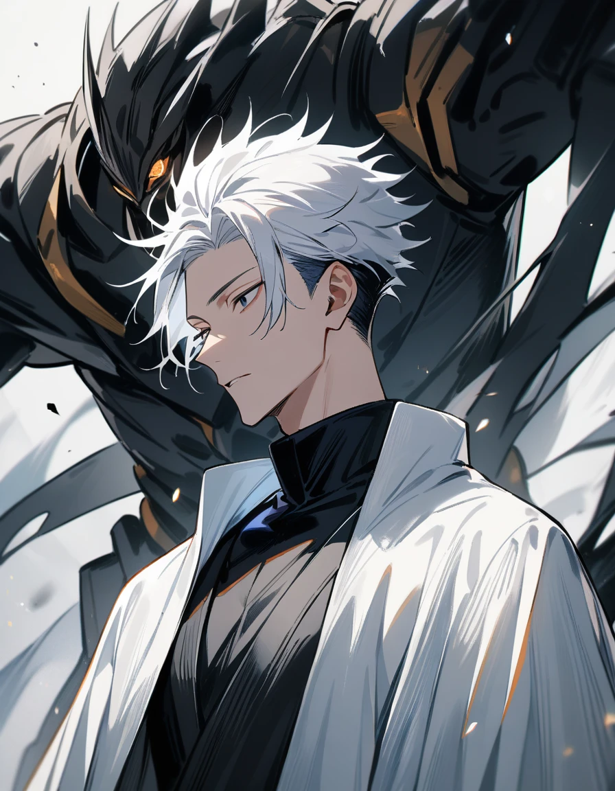 (1boy,jujutsu kaisen) solo, robot, white hair, (layered cut), black bright eyes, masterpiece, best quality, high quality, upper body, male focus, white robes,