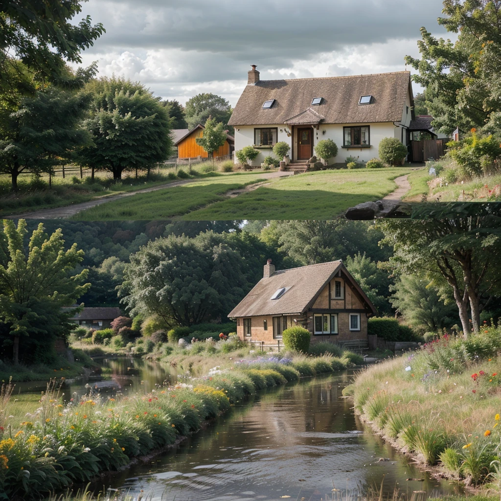 Create a landscape of a serene countryside scene during a gentle summer rain. A cozy cottage with a red roof is nestled near a large, lush green tree. The sky is filled with dramatic, billowing clouds in vibrant shades of orange and yellow, illuminated by sunlight breaking through, creating a striking contrast with the dark blue rain clouds. A narrow, winding path leads to the cottage, bordered by wildflowers in bright red and orange hues, and rich green grass. Small puddles form from the rain along the path. The overall atmosphere is peaceful and picturesque, with a harmonious blend of nature and tranquility, depicted in highly saturated colors to enhance the vividness and charm of the landscape.