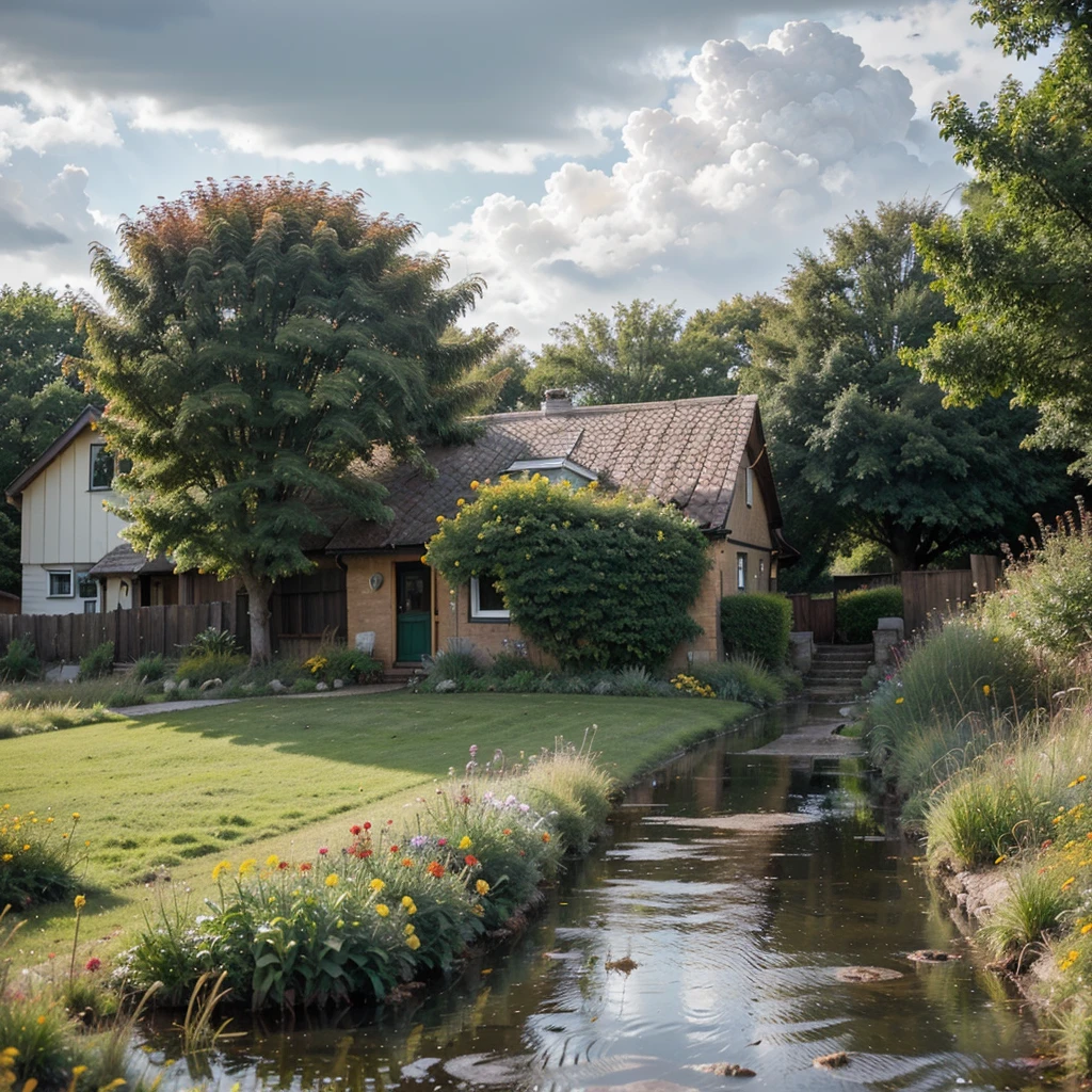 Create a landscape of a serene countryside scene during a gentle summer rain. A cozy cottage with a red roof is nestled near a large, lush green tree. The sky is filled with dramatic, billowing clouds in vibrant shades of orange and yellow, illuminated by sunlight breaking through, creating a striking contrast with the dark blue rain clouds. A narrow, winding path leads to the cottage, bordered by wildflowers in bright red and orange hues, and rich green grass. Small puddles form from the rain along the path. The overall atmosphere is peaceful and picturesque, with a harmonious blend of nature and tranquility, depicted in highly saturated colors to enhance the vividness and charm of the landscape.