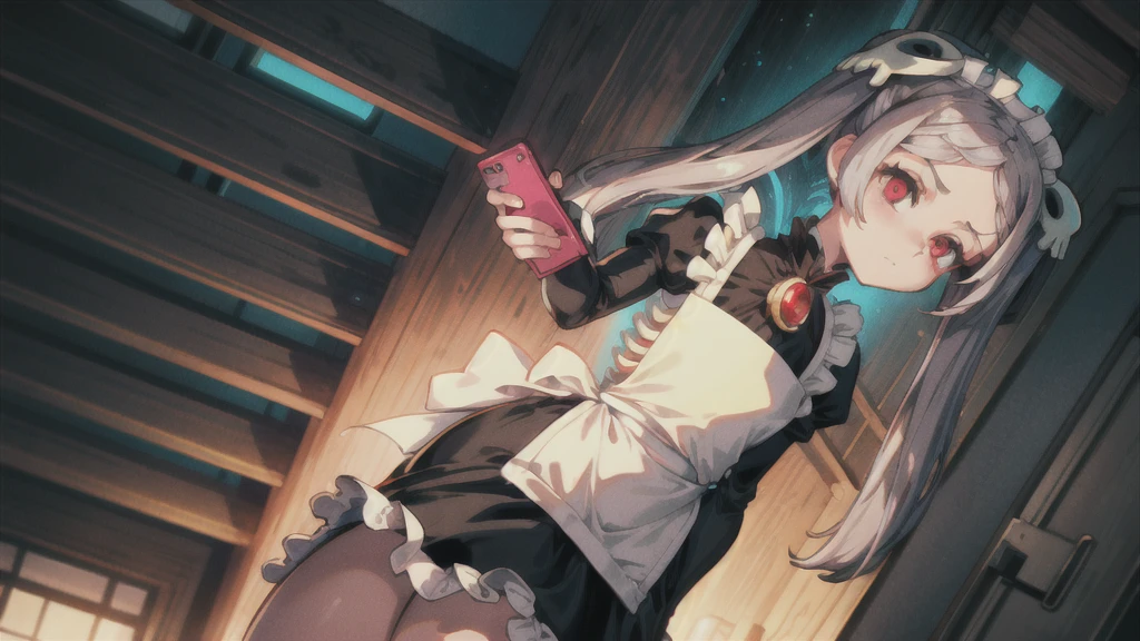 1girl, solo, indoors, skg_marie, maid, maid apron, maid headdress, twin tails, skull hair ornament, red brooch, juliet sleeves, light rays, glow, (masterpiece), thick thighs, standing, wide hips, looking forward, with a cell phone in his hand