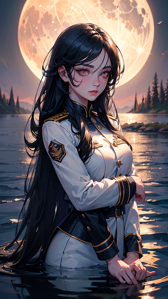 a beautiful young girl in a black military uniform, black long hair, red eyes, standing under a full moon with the moonlight casting shadows on her face, reflected in the calm waters of a lake, with ethereal, fantastical atmosphere, (best quality,4k,8k,highres,masterpiece:1.2),ultra-detailed,(realistic,photorealistic,photo-realistic:1.37),highly detailed face, eyes, lips, long eyelashes, dramatic lighting, dramatic shadows, beautiful detailed eyes, beautiful detailed lips, extremely detailed eyes and face, long eyelashes, military uniform, black hair, red eyes, full moon, moonlight, lake, water reflection, light particles, fantasy, dramatic, cinematic
