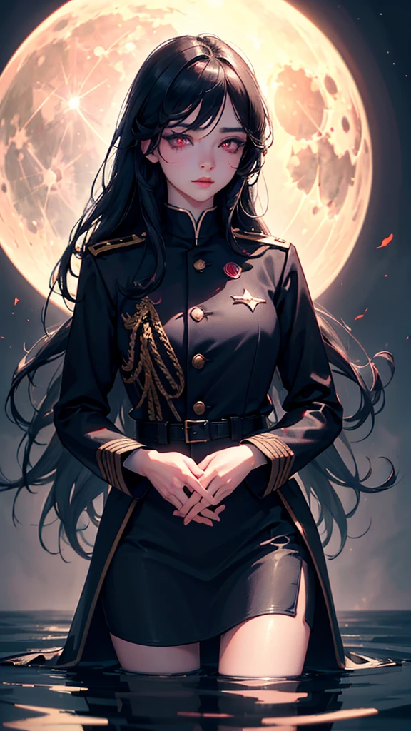 a beautiful young girl in a black military uniform, black long hair, red eyes, standing under a full moon with the moonlight casting shadows on her face, reflected in the calm waters of a lake, with ethereal, fantastical atmosphere, (best quality,4k,8k,highres,masterpiece:1.2),ultra-detailed,(realistic,photorealistic,photo-realistic:1.37),highly detailed face, eyes, lips, long eyelashes, dramatic lighting, dramatic shadows, beautiful detailed eyes, beautiful detailed lips, extremely detailed eyes and face, long eyelashes, military uniform, black hair, red eyes, full moon, moonlight, lake, water reflection, light particles, fantasy, dramatic, cinematic