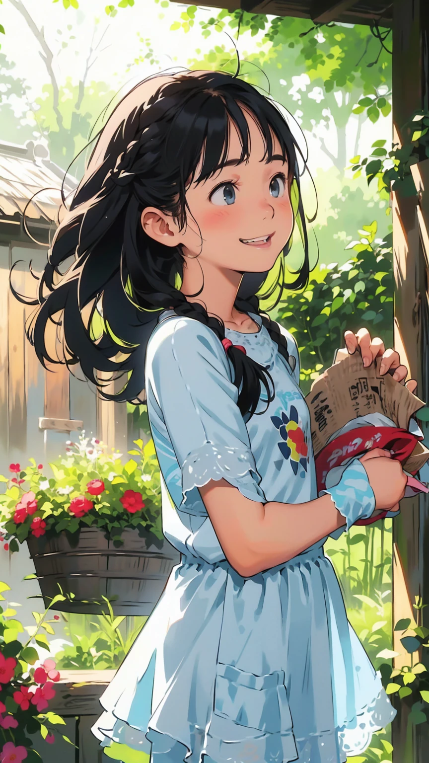 Reasonable design, Clear lines, High Sharpness, (Highest quality,8K,Perfect sharpness,Ultra fine,High resolution,masterpiece:1.2), Perfect Anatomy:1.5, Official Art, Illustrations that tell a story, (Whitish background:0. 9)、Body Positivity、多Mr.な身体表現、(Random and energetic poses)、Perfect beauty、Perfect beautiful face、Strong winds、A rich expression、Dynamic composition、smile、Golden ratio composition、colorful、((Mr.々Different angles and perspectives))、Anime Art、(Mini dress)、(Overcoming stereotypes)、 Glowing Skin、(Natural beauty)、smile、Bangs、(Soft and flowing hair)、(countryside)、(Nostalgic atmosphere)、Put it up to your thighs、(Playful and carefree)、(多Mr.な民族のキャラクター)、(innocent attitude)、(Sunny atmosphere)、(The skirt flutters wildly in the wind)、(Bright colors)、Beautiful Eyes、(Embarrassing)、Braided Hair、Summer Scene、Smiling among flowers、Side angle、