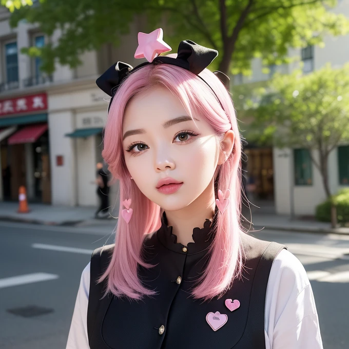 (heart pasties :1.3),One person girl，View Lens，Pink Hair，Wear ，masterpiece，high quality，8K，最high quality，Realistically，Vivid details，One huge breasted girl，Adorable，Beautiful face with lots of detail，One Man，View your viewers，The street faces the wall，Standing on the street，uniform，Perfect detail。