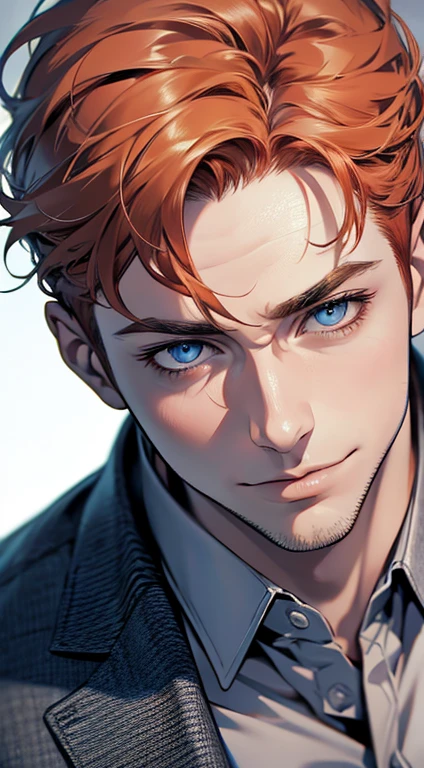 (best quality,4k,8k,highres,masterpiece:1.2),ultra-detailed,(realistic,photorealistic,photo-realistic:1.37),1 man,31 years old,mature man,very handsome,without expression,smile,short grey orange hair,blue eyes,penetrating gaze,perfect face without errors,imposing posture,businessman,office background,cinematic lighting,hdr image