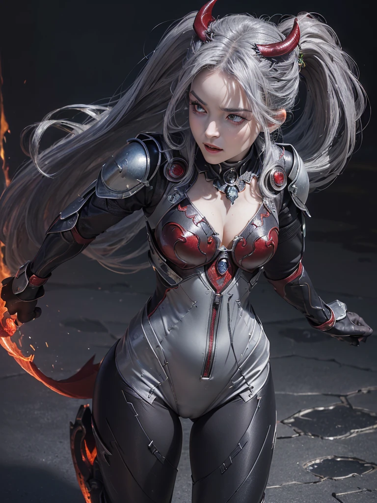 Masterpiece,Best quality,High resolution,8K,((portrait)),((head close-up)),(original photo,real photo,digital photo,28 year old woman,Ponytail, ((gray hair)),((eyes red,devil eyes)), jewelry,beautiful elegant,arrogant,noble and charming,(fantasy combat suit),((devil body)),(combat girl), photo pose,night,oc render reflection texture