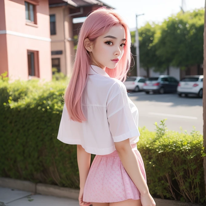 (upskirt :1.3),One person girl,View Lens,Pink Hair,Wear ,masterpiece,high quality,8K,最high quality,Realistically,Vivid details,One huge breasted girl,Adorable,Beautiful face with lots of detail,One Man,View your viewers,The street faces the wall,Standing on the street,uniform,Perfect detail。